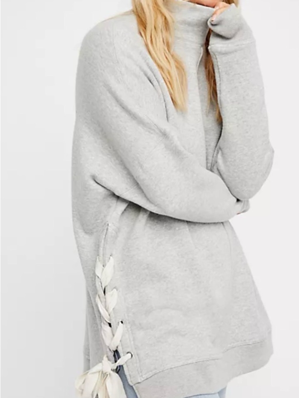 Free People So Plush Lace Up Pullover ‎ L Gray Mock Neck Revolve Sweatshirt